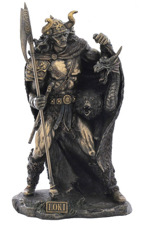 Loki Norse God of Trickery statue featuring detailed Viking-inspired design and mystical pagan décor styling.