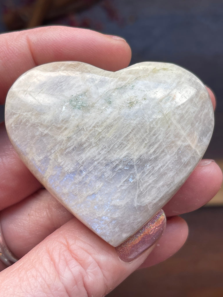 Moonstone Peach Heart with Blue Flashes #3 - New Beginnings. Travel Protection.