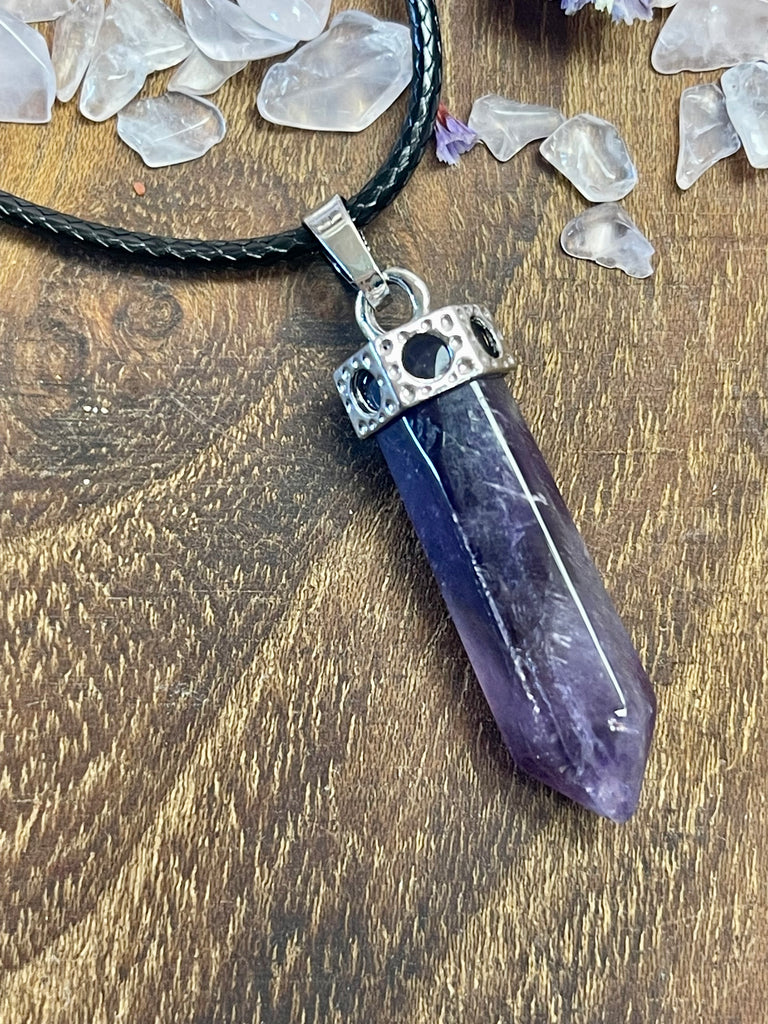 Amethyst Bullet Pendant on Black Cord Chain - Intuition & Protection
