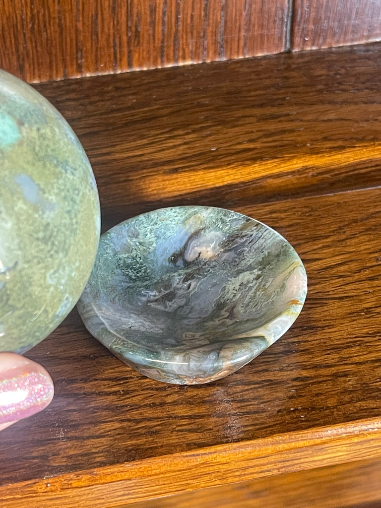 Moss Agate Sphere & Stand 400g 6.5cm - Grounding. Connection to Nature