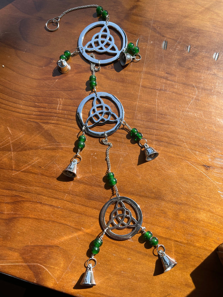 Triquetra Chrome hanging with Green Beads &  Bells 60cm