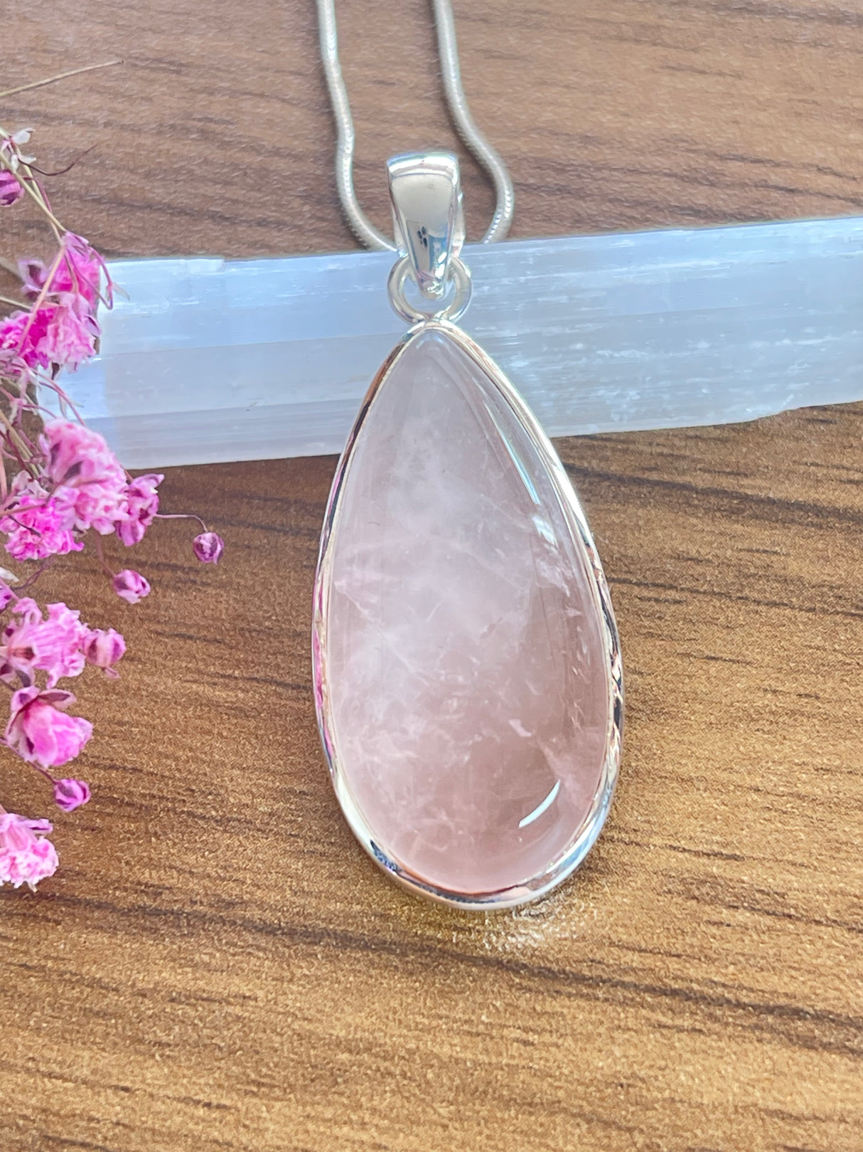 Rose Quartz Large Silver Pendant & Chain