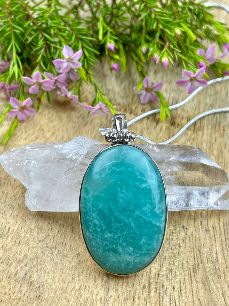 Amazonite Silver Pendant & Chain - Wealth. Soothing.