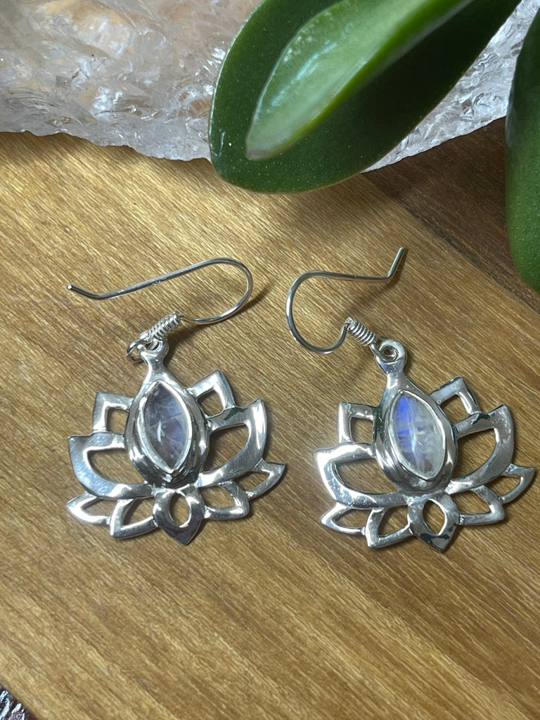 Moonstone Rainbow Lotus Flower Silver Earrings - Inner Peace & Harmony