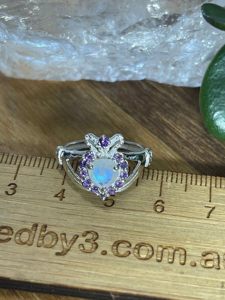 Rainbow Moonstone & Amethyst Claddagh Heart Silver Ring - Size 8