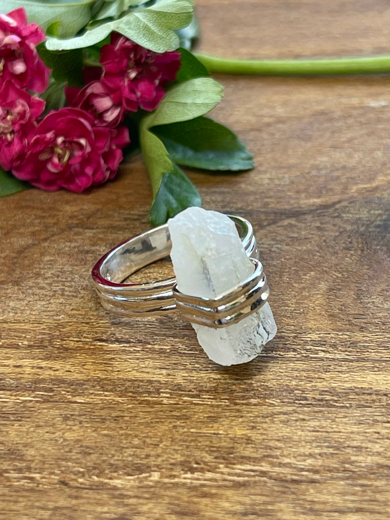 Moonstone Rainbow Silver Ring Size 8 - Inner Peace & New Beginnings