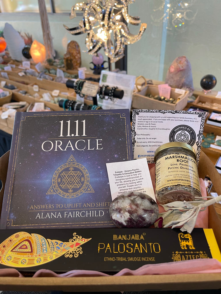 11:11 Oracle Gift Set - Amethyst Palmstone. Book. Herb. Incense.
