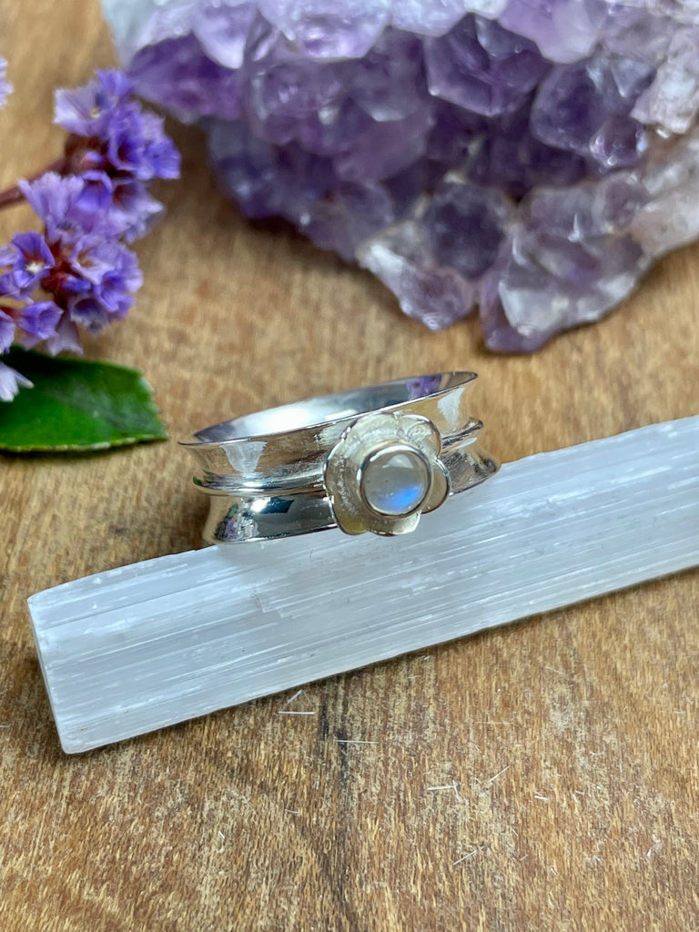 Sterling Silver Spinner Ring - Size 7 Fidget Ring - Moonstone Flower
