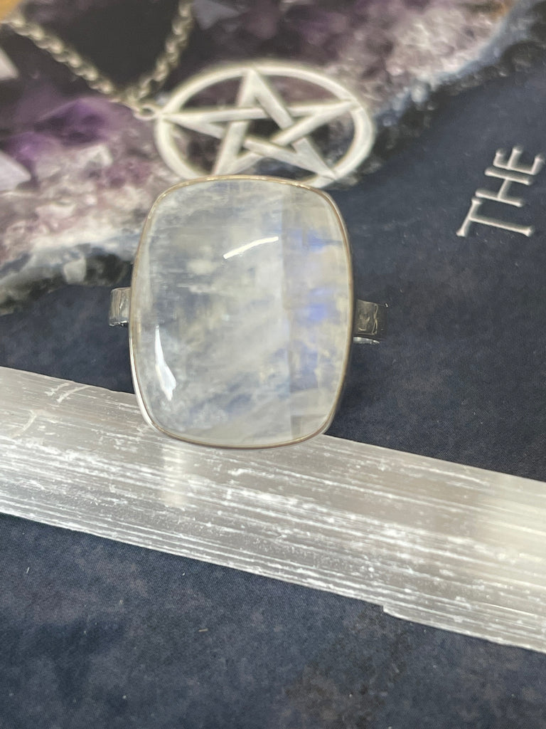 Moonstone Rainbow Silver Ring Size 11- Inner Peace & New Beginnings