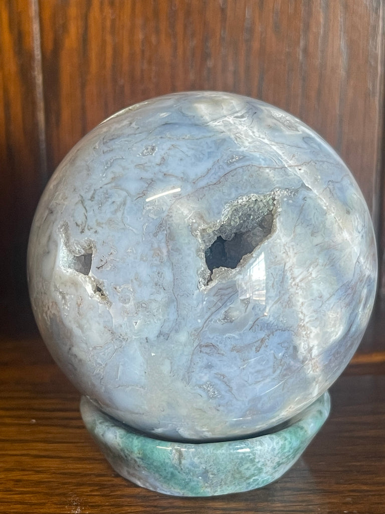 Moss Agate Sphere & Stand 559g 7.5cm - Grounding. Connection to Nature
