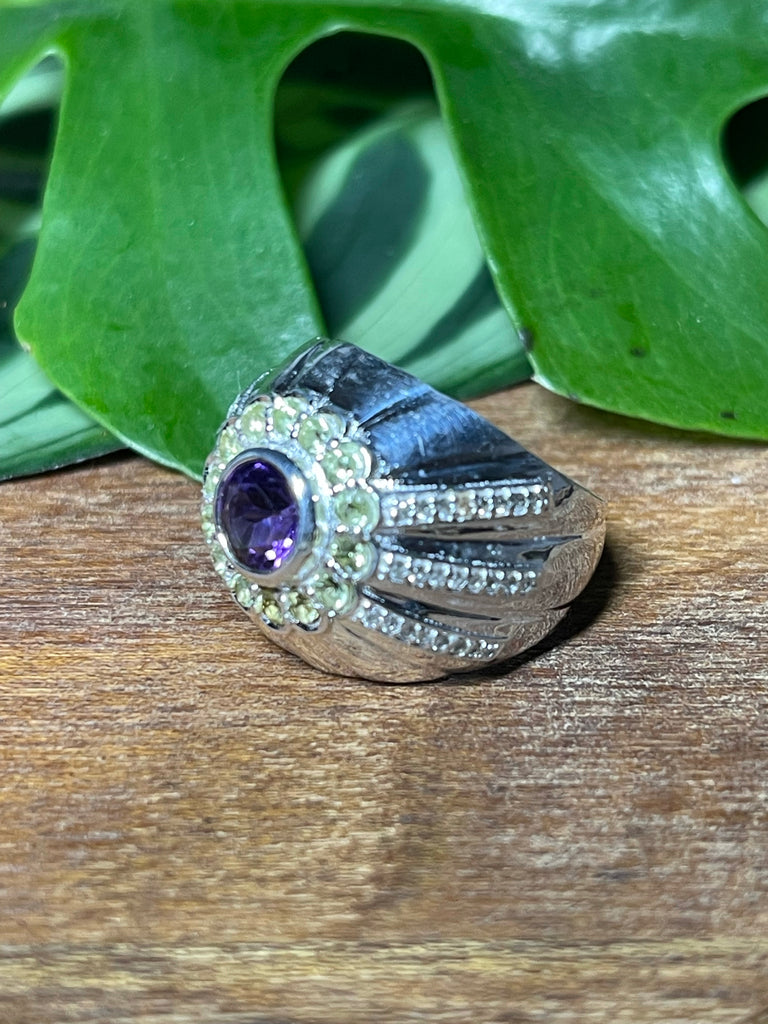 Amethyst and Peridot Silver Ring- Size 7