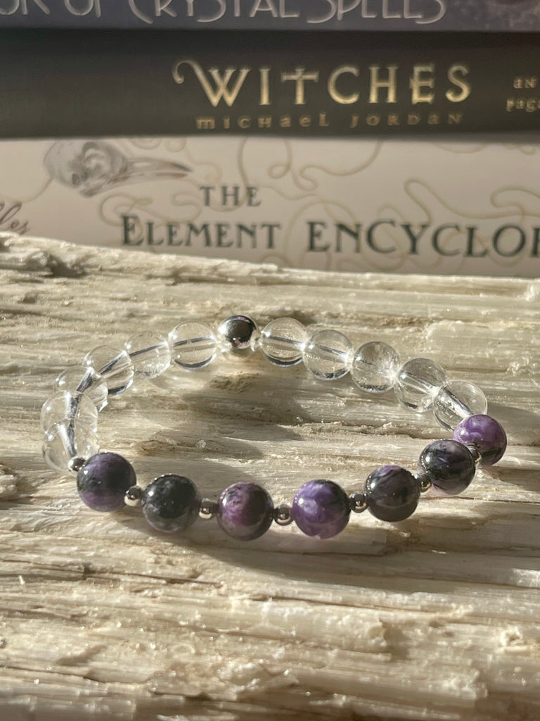 Charoite and Clear Quartz Silver Bracelet- Healing. Negativity. Protection.