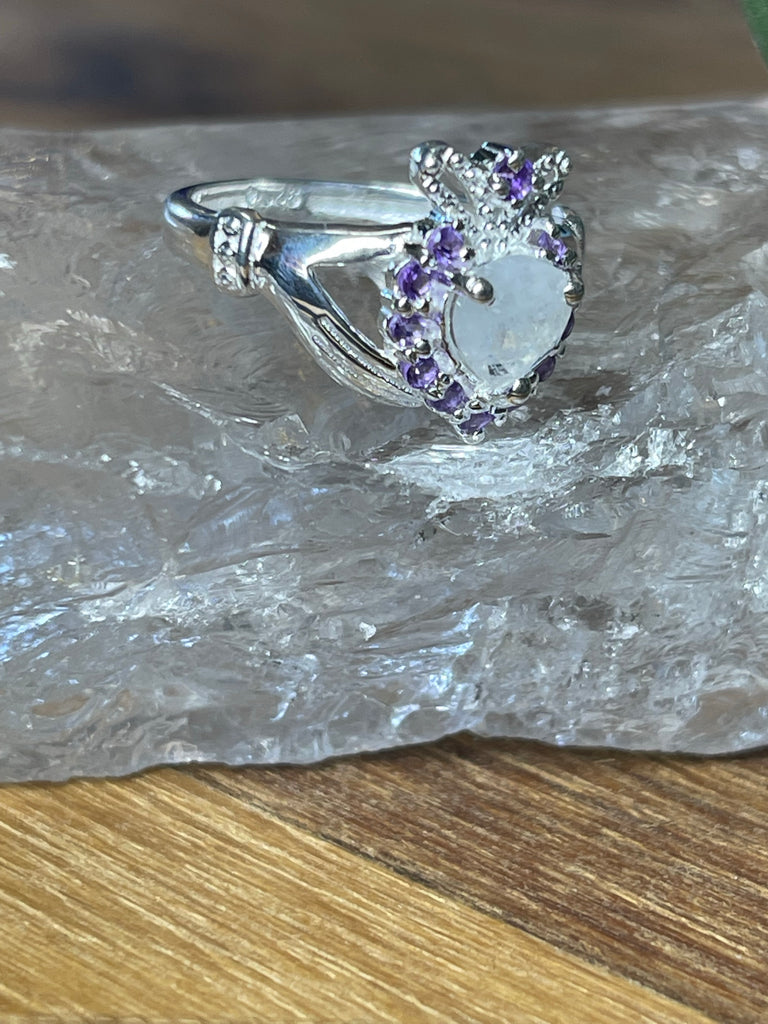 Rainbow Moonstone & Amethyst Claddagh Heart Silver Ring - Size 6