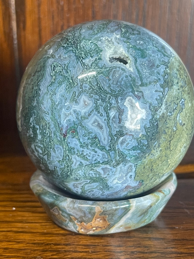 Moss Agate Sphere & Stand 400g 6.5cm - Grounding. Connection to Nature