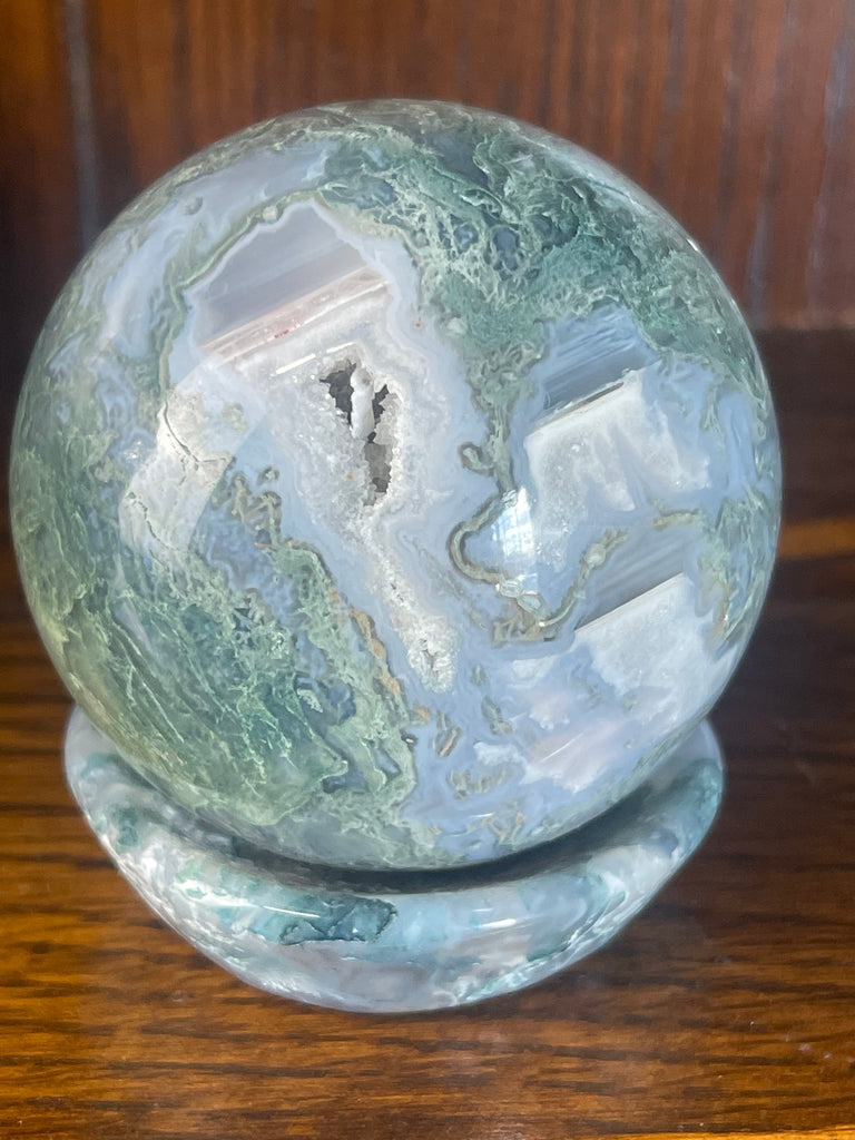 Moss Agate Sphere & Stand 315g 6cm - Grounding. Connection to Nature