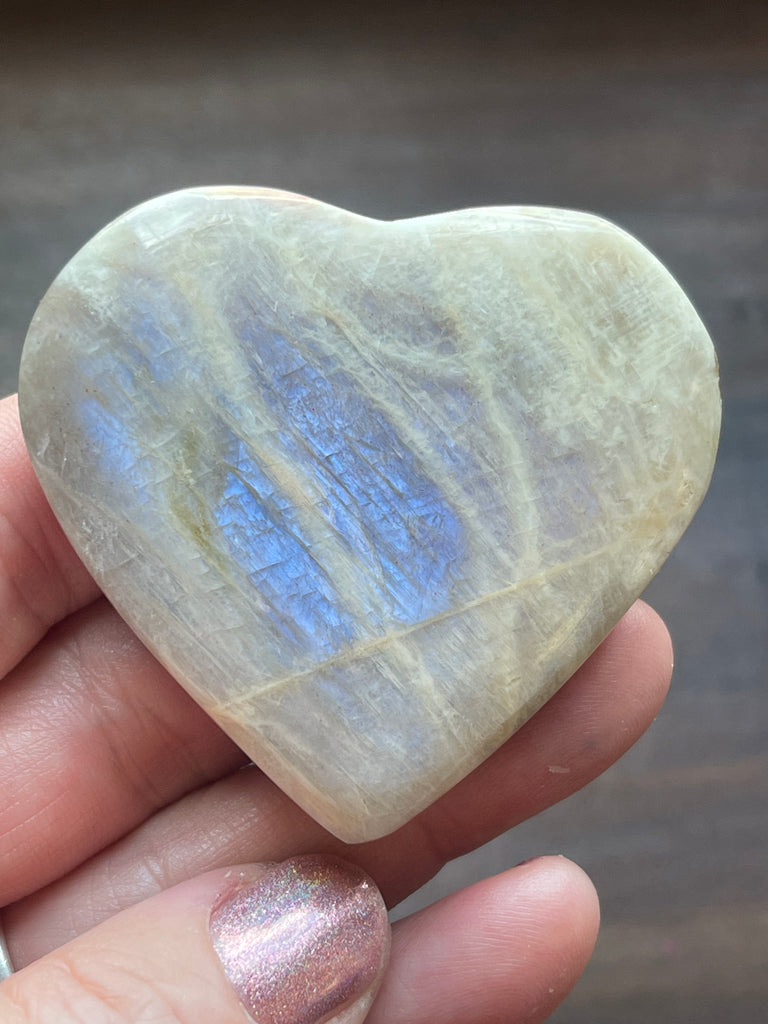 Moonstone Peach Heart with Blue Flashes #6 - New Beginnings. Travel Protection.