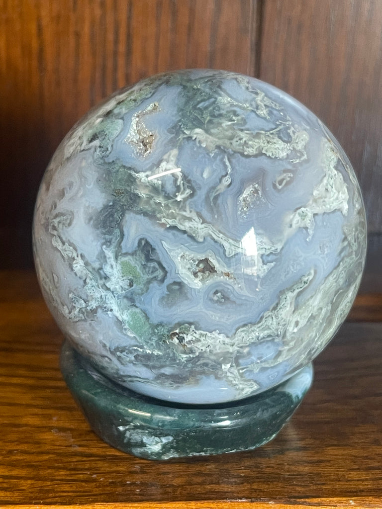 Moss Agate Sphere & Stand 433g 7cm - Grounding. Connection to Nature