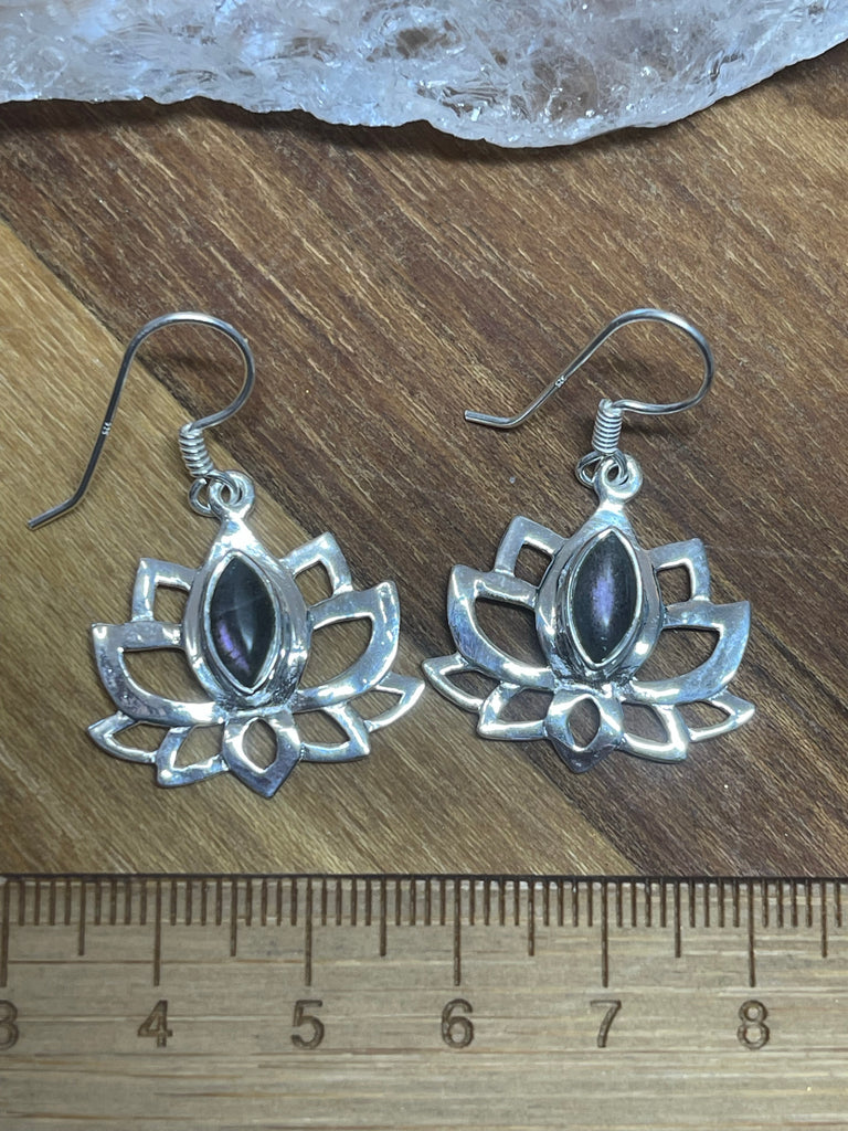 Labradorite Silver Lotus Flower Earrings - Magic