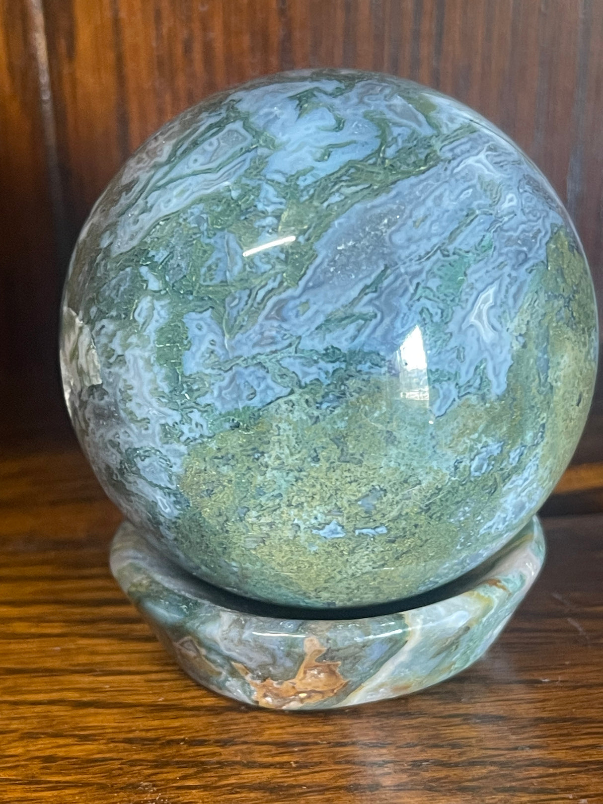 Moss Agate Sphere & Stand 400g 6.5cm - Grounding. Connection to Nature