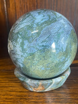 Moss Agate Sphere & Stand 400g 6.5cm - Grounding. Connection to Nature