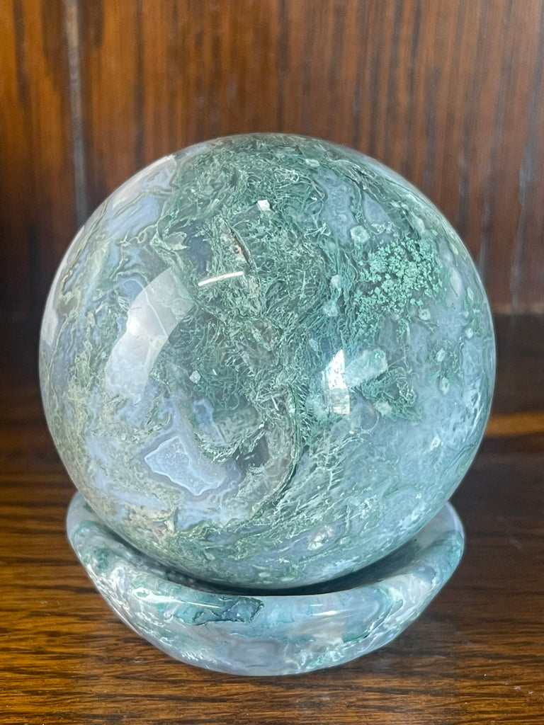 Moss Agate Sphere & Stand 315g 6cm - Grounding. Connection to Nature