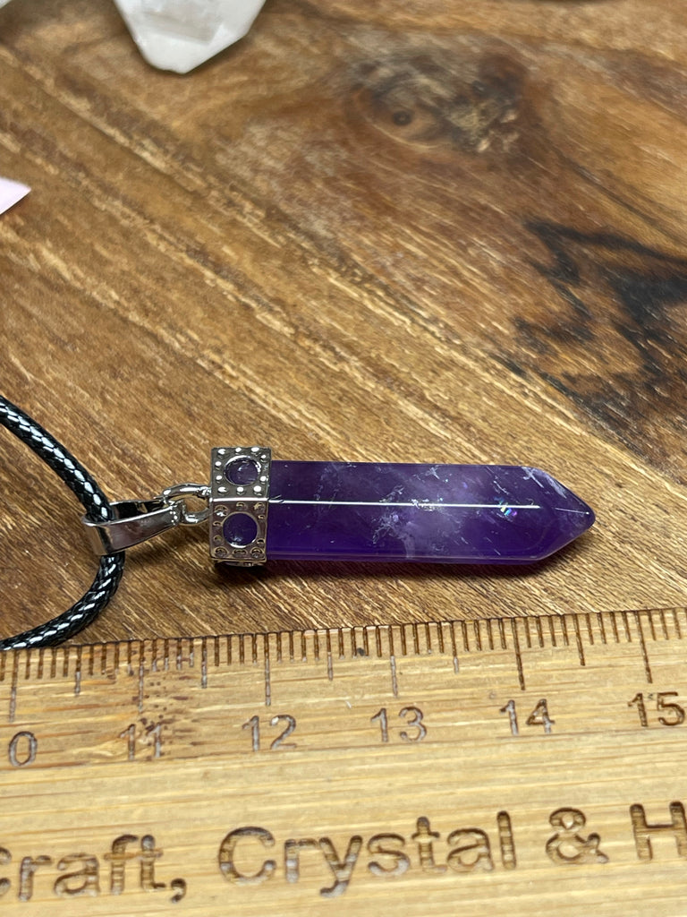 Amethyst Bullet Pendant on Black Cord Chain - Intuition & Protection