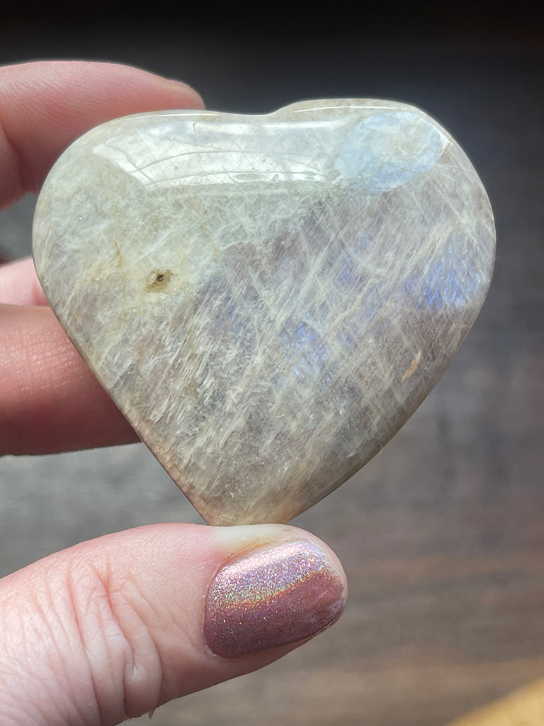 Moonstone Peach Heart with Blue Flashes #10 - New Beginnings. Travel Protection.