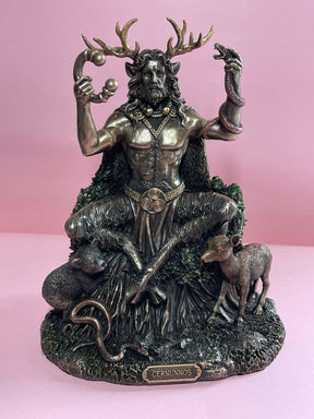 "Cernunnos bronze statue with antlers and forest animals – Horned God of the Forest and Music, symbol of nature, fertility, and balance"