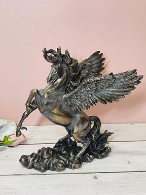 "Pegasus bronze statue with wings spread – Greek mythological winged horse, symbol of inspiration, freedom and divine grace"