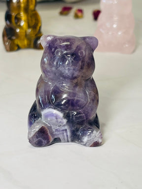 Chevron Amethyst Teddy Bear Carving 5 cm × 3 cm – purple and white banded crystal bear for peace, clarity and intuition, Inspired By 3 Australia.