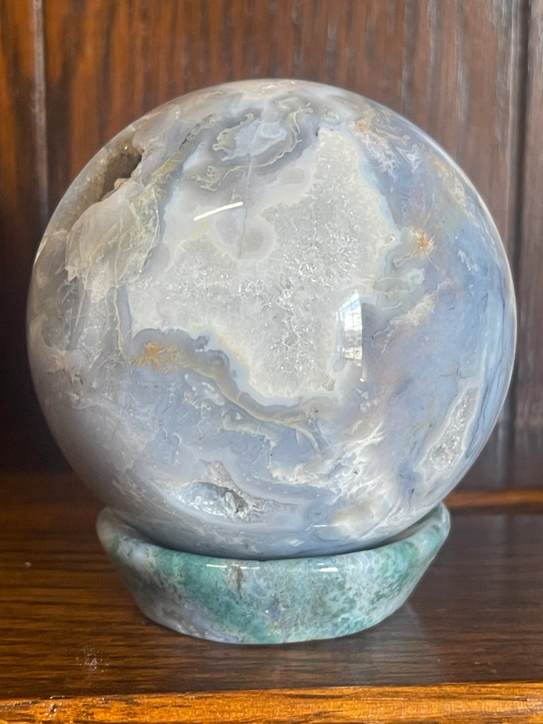Moss Agate Sphere & Stand 559g 7.5cm - Grounding. Connection to Nature