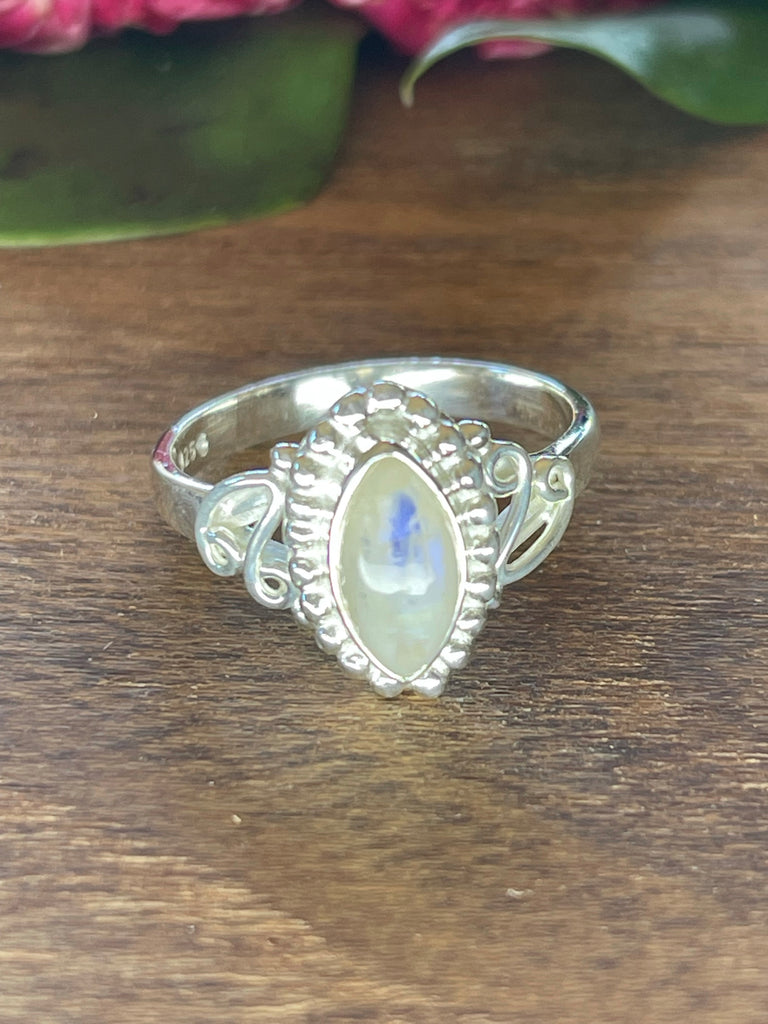 Moonstone Rainbow Silver Ring Size 8 - Inner Peace & New Beginnings