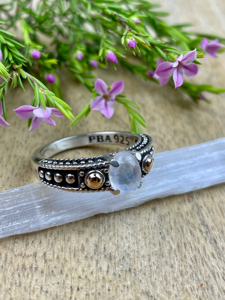Rainbow Moonstone Silver & Gold Ring - Size 7 - Inner Peace & Harmony
