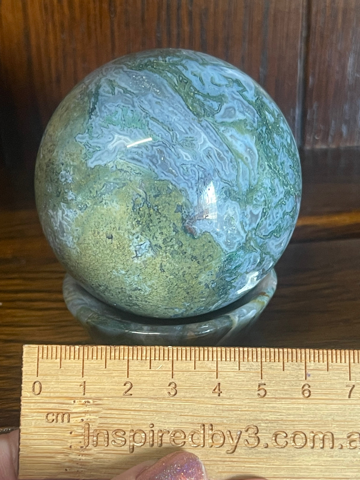 Moss Agate Sphere & Stand 400g 6.5cm - Grounding. Connection to Nature