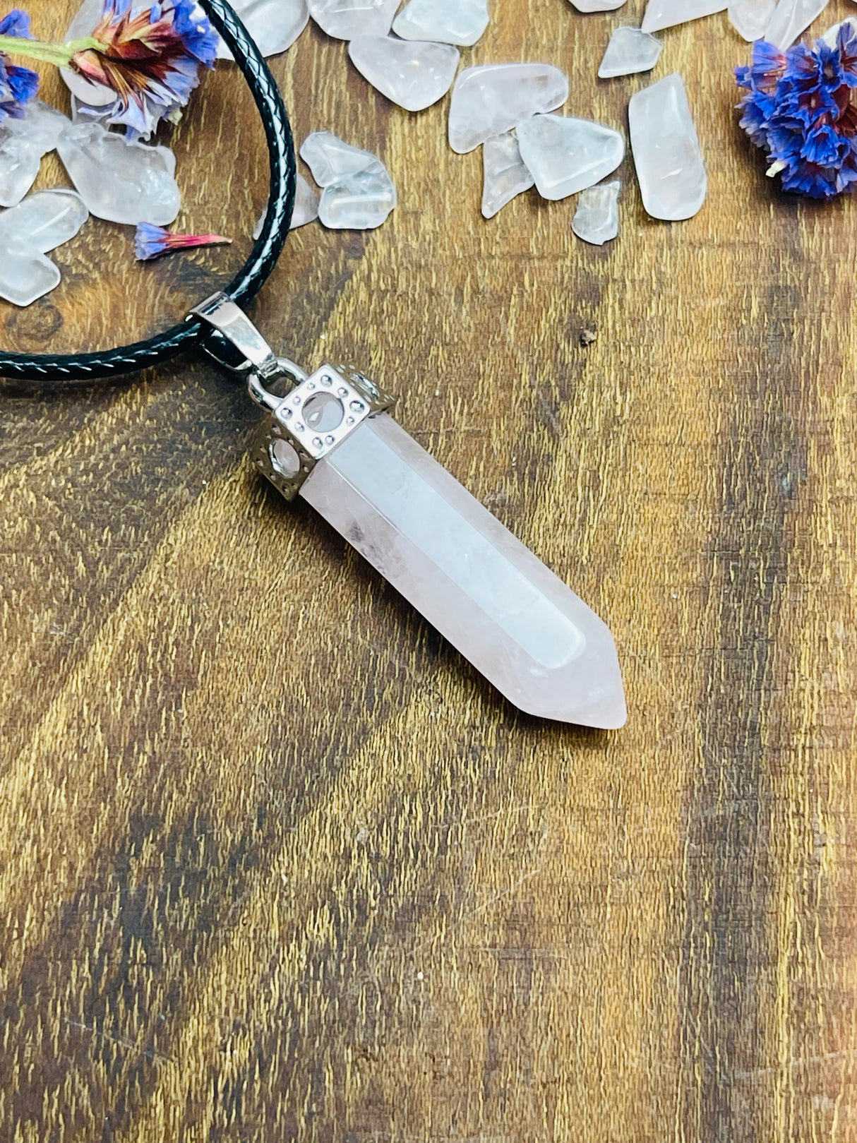 Rose Quartz Bullet Pendant on Black Cord Chain - Love & Stress Relief