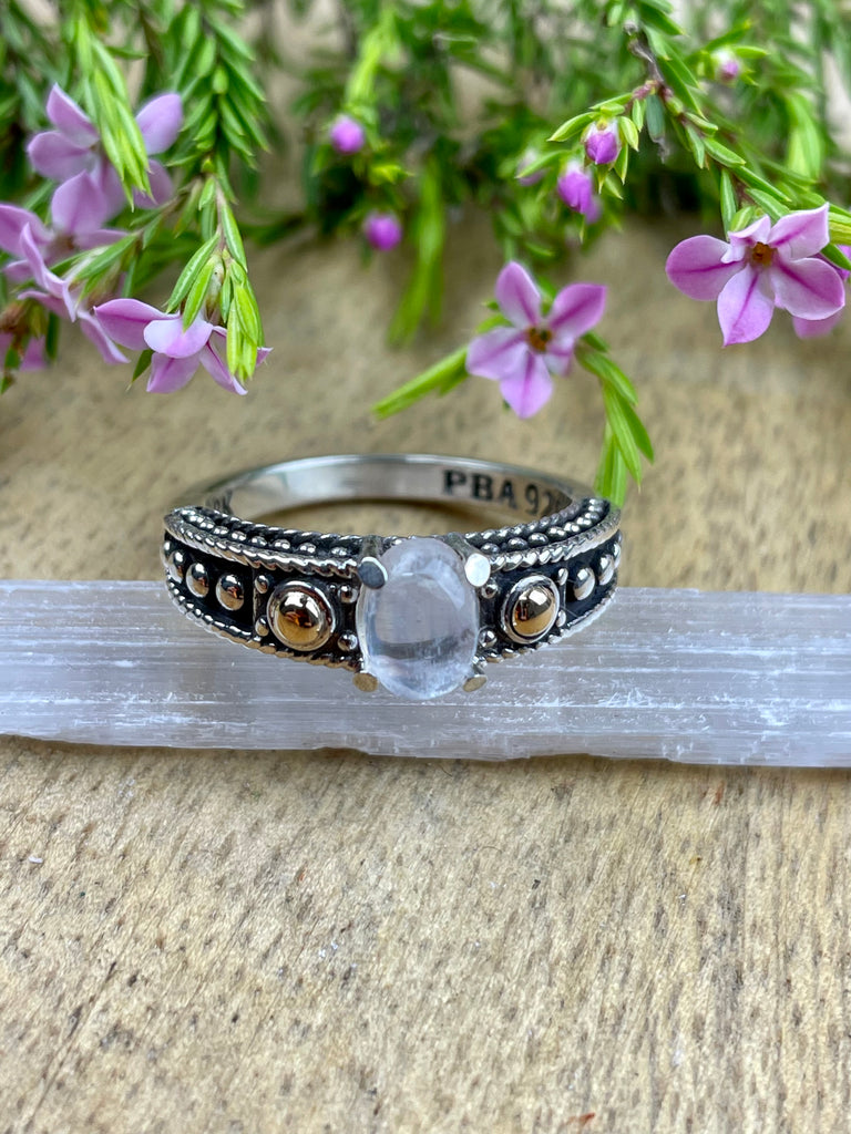 Rainbow Moonstone Silver & Gold Ring - Size 7 - Inner Peace & Harmony
