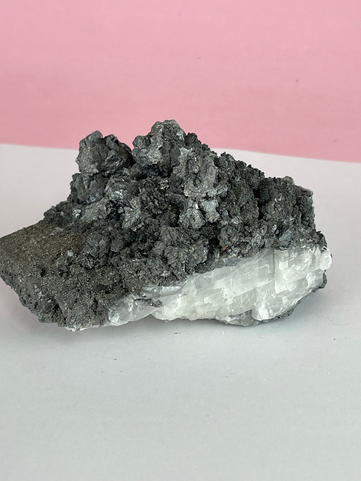 Galena sitting on top of a Fish Selenite 680g