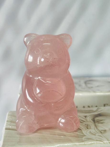 Rose Quartz Teddy Bear Carving 5 cm × 3 cm – soft pink crystal bear symbolising love, comfort and emotional healing, Inspired By 3 Australia.